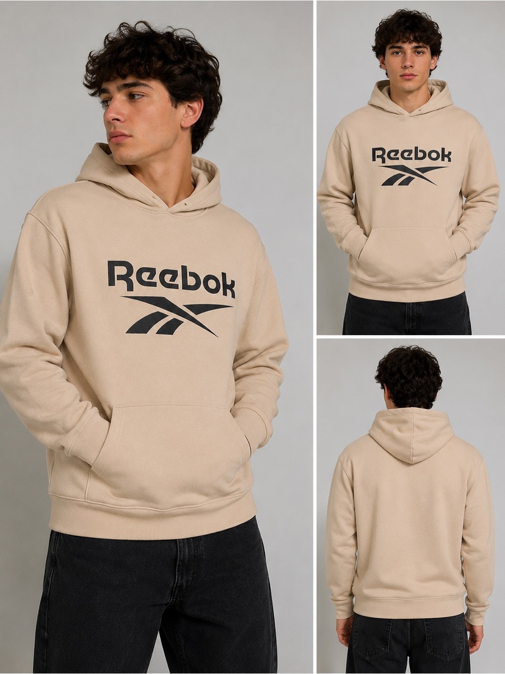 Reebok Men's Cream Hoodie with Black Logo